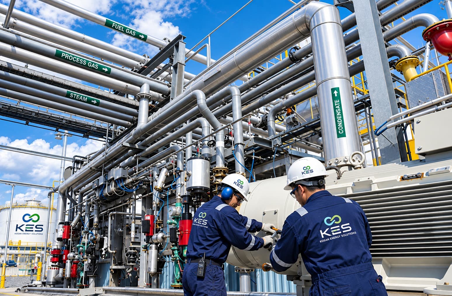 KES technicians working on a process pipe rack carrying fuel gas, process gas, steam and condensate lines.