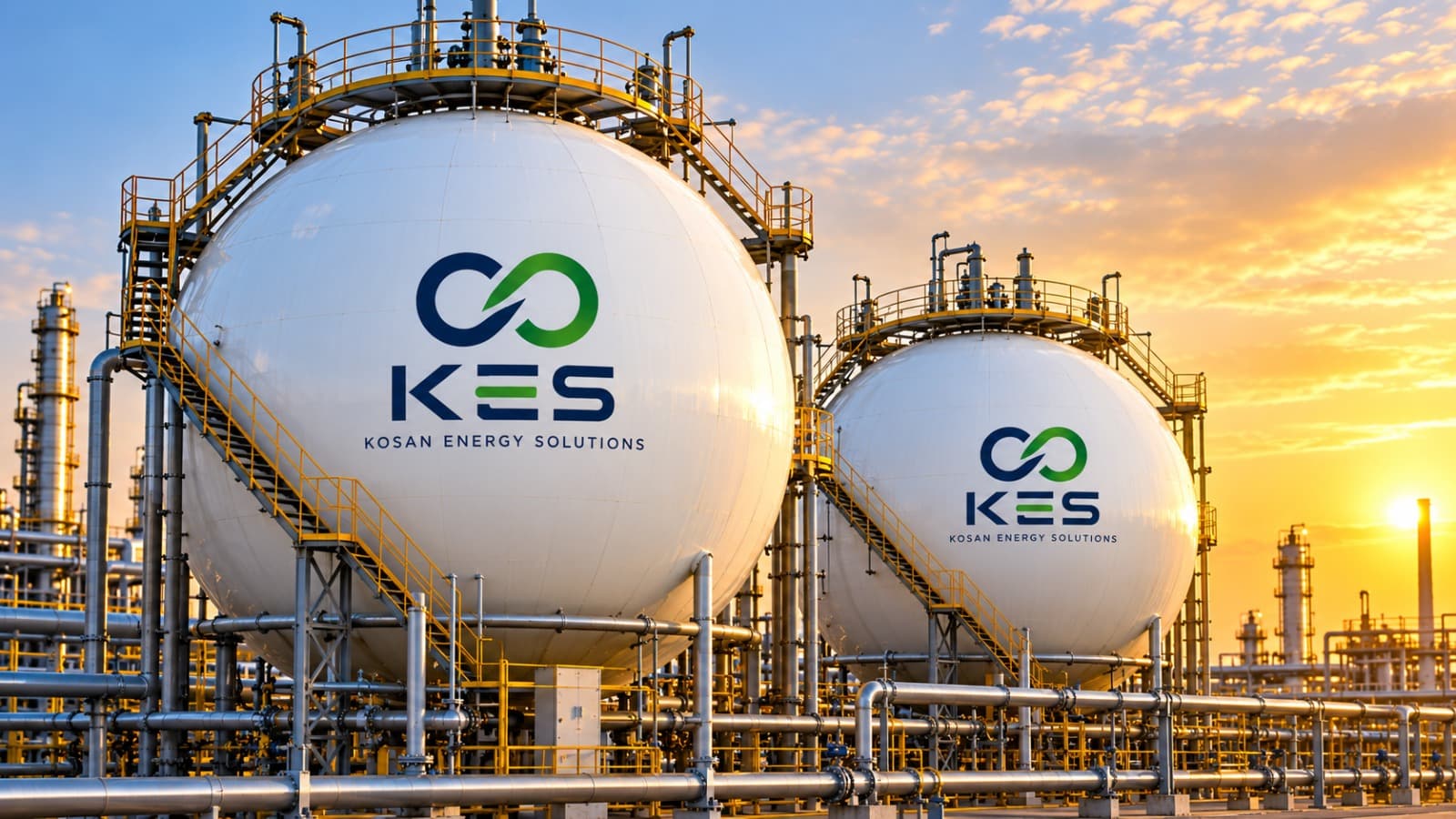 KOSAN ENERGY SOLUTIONS branded LPG storage spheres at a gas facility at sunset.
