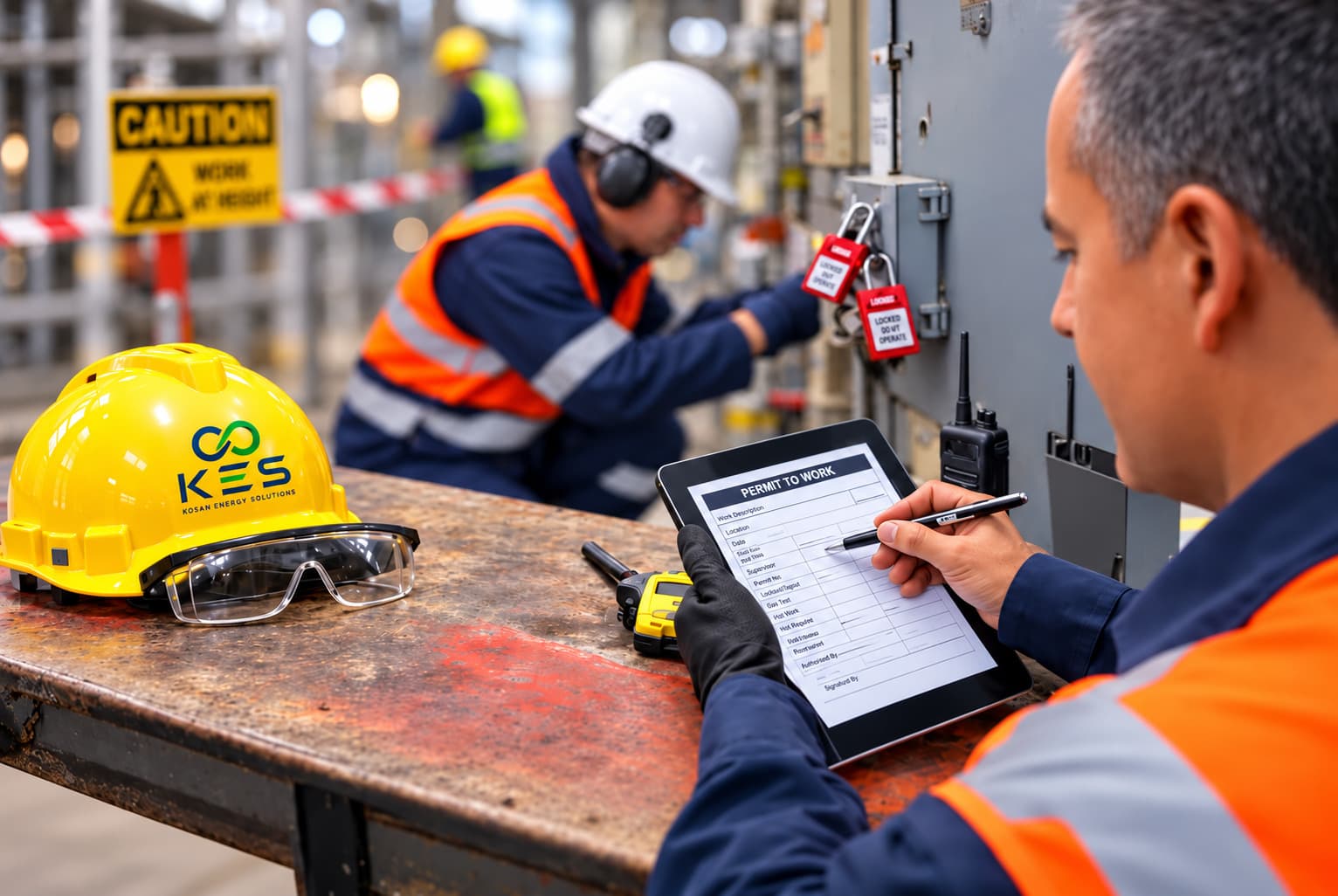 A KES supervisor completing a permit to work while a technician applies a lock-out tag to an isolated panel.