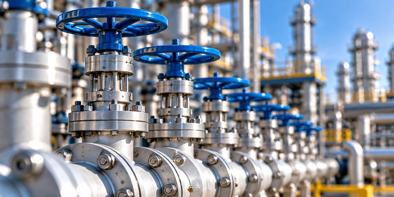 A row of gate valves on a process pipeline manifold at a gas facility.